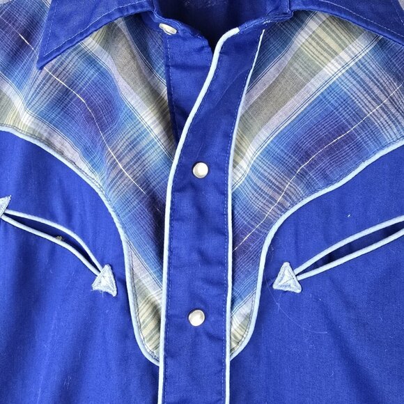 VINTAGE Western Cowboy Shirt Royal Blue Plaid Yoke Pearl Snap Retro Rockabilly - Picture 2 of 7